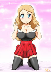 Rule 34 | 10s, 1girl, alternate color, bangle, bare shoulders, bed, black thighhighs, blue eyes, blush, bracelet, breasts, brown hair, cleavage, clothes pull, collarbone, creatures (company), game freak, gouguru, hair bun, hair ornament, hip focus, huge breasts, jewelry, kneeling, knees, large breasts, legs, light brown hair, long hair, looking at viewer, miniskirt, nintendo, no headwear, parted bangs, pleated skirt, pokemon, pokemon (anime), pokemon xy, ponytail, serena (pokemon), shirt, shirt pull, single hair bun, skirt, sky, sleeveless, sleeveless shirt, smile, solo, spread legs, thighhighs, undressing, zettai ryouiki