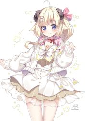 Rule 34 | 1girl, ahoge, animal ears, blonde hair, blush, bow, brown shirt, brown skirt, closed mouth, curled horns, hair ornament, hairclip, headphones, headphones around neck, highres, hololive, horns, jacket, kashiba aira, long hair, looking at viewer, open clothes, open jacket, sailor collar, sheep ears, sheep girl, sheep horns, shirt, simple background, skirt, smile, solo, tsunomaki watame, tsunomaki watame (street casual), virtual youtuber, white background, white bow, white jacket, white sailor collar