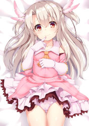 Rule 34 | 1girl, ascot, bed sheet, blush, breasts, brown eyes, closed mouth, collarbone, commentary request, detached sleeves, elbow gloves, fate/kaleid liner prisma illya, fate (series), feather hair ornament, feathers, gloves, gluteal fold, hair between eyes, hair ornament, head tilt, highres, illyasviel von einzbern, light brown hair, long hair, long sleeves, looking at viewer, lying, magical girl, on back, orange ascot, panties, pink feathers, pleated skirt, prisma illya, shirt, skirt, sleeveless, sleeveless shirt, small breasts, smile, solo, toketou, two side up, underwear, very long hair, white gloves, white panties, white skirt