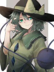 Rule 34 | 1girl, absurdres, black hat, blouse, bow, closed mouth, collar, crystal, eyes visible through hair, green collar, green eyes, green hair, grey background, hair between eyes, hand up, hat, hat bow, highres, hisha (kan moko), komeiji koishi, long sleeves, looking to the side, looking up, shirt, short hair, simple background, smile, solo, third eye, touhou, white background, wide sleeves, yellow bow, yellow shirt, yellow sleeves