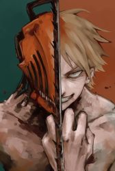 Rule 34 | 1boy, 2 mannaka, alternate form, blonde hair, body modification, chainsaw, chainsaw man, collarbone, denji (chainsaw man), highres, looking at viewer, open mouth, sharp teeth, short hair, smile, solo, teeth, topless male, unusual head, yellow eyes