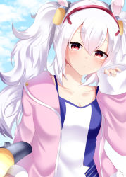 Rule 34 | 1girl, animal ears, azur lane, blue sky, blush, breasts, camisole, cleavage, clip studio paint (medium), closed mouth, cloud, cloudy sky, collarbone, commentary request, day, fake animal ears, hair between eyes, hairband, hand up, jacket, laffey (azur lane), long hair, long sleeves, looking at viewer, misaki (misaki86), open clothes, open jacket, outdoors, pink jacket, rabbit ears, red eyes, red hairband, sky, sleeves past wrists, small breasts, solo, twintails, very long hair, white camisole, white hair