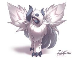 Rule 34 | :3, absol, animal focus, artist name, bright pupils, claws, closed mouth, creatures (company), dated, expressionless, feathered wings, fluffy, full body, fur collar, game freak, gen 3 pokemon, glasses, hair over one eye, highres, long hair, looking at viewer, mega absol, mega pokemon, nintendo, no humans, one eye covered, pokemon, pokemon (creature), red-framed eyewear, red eyes, semi-rimless eyewear, signature, simple background, solo, standing, straight-on, white background, white hair, white pupils, white theme, white wings, wings, zinfyu