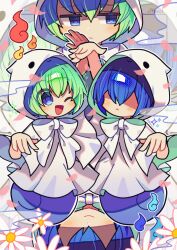 1boy 1girl absurdres arm_up blue_eyes blue_hair blush brother_and_sister closed_mouth green_hair hair_over_one_eye highres offbeat puyopuyo rei_(puyopuyo) short_hair short_sleeves siblings smile yu_(puyopuyo)