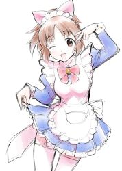 Rule 34 | 1girl, :d, abe nana, animal ears, breasts, brown eyes, brown hair, idolmaster, idolmaster cinderella girls, looking at viewer, maid, medium breasts, one eye closed, open mouth, ponytail, short hair, simple background, smile, solo, ueyama michirou, v over eye, white background