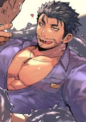 Rule 34 | 1boy, abs, bara, beard, black hair, dagon (housamo), facial hair, heart, hozu (hozumi), jewelry, large pectorals, leaning back, long sideburns, male focus, manly, muscular, necklace, open clothes, pectorals, sharp teeth, simple background, smile, solo, teeth, tentacles, tokyo houkago summoners, tongue, tongue out, upper body, yellow eyes