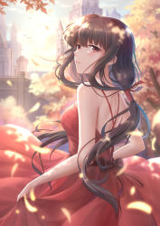 Rule 34 | 1girl, absurdres, autumn, autumn leaves, back, back bow, bird, black hair, bow, breasts, cathedral, clock, clock tower, commentary request, dress, hair ribbon, highres, holding, holding clothes, holding dress, inuyasha, kikyou (inuyasha), leaf, looking at viewer, looking back, low twintails, medium breasts, outdoors, parted lips, red dress, red eyes, ribbon, rj (lingshih10), sidelocks, smile, solo, tower, toy block, tree, twintails