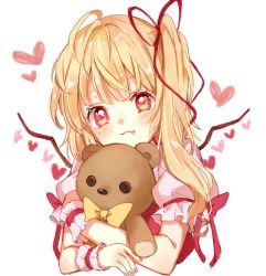 Rule 34 | blonde hair, bow, closed mouth, commentary request, eyelashes, fang, flandre scarlet, heart, hug, looking at viewer, no headwear, no headwear, paragasu (parags112), puffy short sleeves, puffy sleeves, red eyes, red ribbon, red vest, ribbon, shirt, short sleeves, side ponytail, solo, stuffed animal, stuffed toy, teddy bear, touhou, upper body, vest, white background, white shirt, wings, wrist cuffs, yellow bow