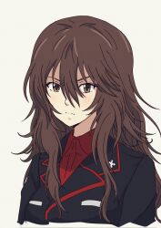 Rule 34 | 1girl, alternate hairstyle, black jacket, breasts, brown eyes, brown hair, closed mouth, cross, dress shirt, furrowed brow, girls und panzer, grey background, hair between eyes, highres, jacket, kuromorimine military uniform, lapel pin, lapels, long hair, looking at viewer, medium breasts, messy hair, mito (mitotank), nishizumi maho, notched lapels, red shirt, red trim, shirt, simple background, solo, upper body