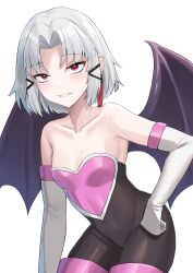Rule 34 | 1girl, absurdres, bare shoulders, bat wings, breasts, cleavage, collarbone, cosplay, drake (nikke), elbow gloves, fake wings, gloves, goddess of victory: nikke, grin, hair ornament, hairclip, hand on own hip, highres, leaning forward, light blush, looking at viewer, red eyes, rouge the bat, rouge the bat (cosplay), short hair, simple background, small breasts, smile, solo, sonic (series), vakuuberi, white background, white gloves, white hair, wings
