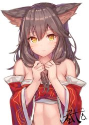 Rule 34 | 1girl, a.t. zero, adjusting hair, ahri (league of legends), animal ear fluff, animal ears, bad id, bad twitter id, bandeau, bare shoulders, blush, breasts, brown hair, cleavage, detached sleeves, facial mark, fang, fox ears, hair between eyes, haru ato, highres, holding, holding own hair, large breasts, league of legends, long hair, looking at viewer, slit pupils, solo, strapless, tube top, upper body, whisker markings, wide sleeves, yellow eyes