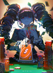 Rule 34 | 1girl, black hair, black nails, bonnet, card, celestia ludenberg, claw ring, commentary request, danganronpa (series), drill hair, earrings, frills, gothic lolita, hairband, highres, holding, holding card, jewelry, lolita fashion, long hair, looking at viewer, nail polish, necktie, playing card, poker chip, qosic, red eyes, smile, solo, twin drills, twintails, uno (game), very long hair