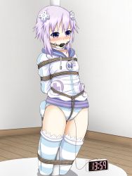 Rule 34 | 10s, 1girl, arms behind back, ball gag, bdsm, blush, bondage, bound, breasts, collar, crotch rope, femuto, gag, highres, jacket, kneeling, looking away, neptune (neptunia), neptune (series), no pants, panties, pole, purple eyes, purple hair, sex toy, shibari, shibari over clothes, short hair, small breasts, solo, striped clothes, striped panties, striped thighhighs, thighhighs, tied to pole, timer, underwear, vibrator, vibrator under clothes, vibrator under panties