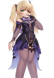 Rule 34 | 1girl, black dress, black pantyhose, black thighhighs, blonde hair, bodysuit, bow, bowtie, breasts, dress, eyepatch, fischl (genshin impact), fishnet bodysuit, fishnets, frilled dress, frills, genshin impact, green eyes, hair ribbon, highres, linz (linzimmm), pantyhose, purple dress, ribbon, simple background, single thighhigh, smile, solo, thighhighs, twintails, white background