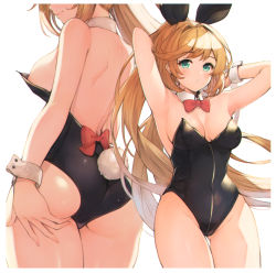 Rule 34 | 1girl, animal ears, armpits, arms behind head, arms up, ass, bad id, bad twitter id, bare shoulders, black leotard, blonde hair, blush, bow, breasts, clarisse (granblue fantasy), cleavage, commentary request, detached collar, fake animal ears, granblue fantasy, green eyes, hand on own ass, highleg, highres, koretsuki azuma, leotard, long hair, looking at viewer, medium breasts, nipples, parted lips, playboy bunny, ponytail, rabbit ears, rabbit tail, shiny clothes, shiny skin, simple background, solo, strapless, strapless leotard, tail, thighs, wrist cuffs