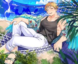 Rule 34 | 1boy, beach, bird boy, bird wings, black tank top, blue hair, blue sky, blue wings, cigarette, collared shirt, commentary request, denim, fangs, feathered wings, freckles, full body, hammock, hand on own knee, hawaiian shirt, highres, holding, holding cigarette, jeans, looking at viewer, male focus, multicolored hair, open mouth, orange hair, original, outdoors, palm leaf, pants, rramarukun, sandals, shirt, short hair, sitting, sky, solo, streaked hair, tank top, toned, toned male, undercut, very short hair, water, white pants, wings, yellow eyes