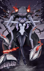 Rule 34 | 10s, 1girl, abyssal ship, bodysuit, cape, enemy aircraft (kancolle), gloves, glowing, glowing eyes, hat, hiba (p-p-purin), kantai collection, crossed legs, long hair, monster, night, night sky, outstretched arms, pale skin, personification, red eyes, silver hair, sky, solo, spread arms, standing, wo-class aircraft carrier