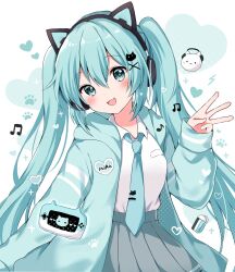 Rule 34 | 1girl, :3, animal ear headphones, animal ears, blue eyes, blue hair, blush, cat, cat ear headphones, cat hair ornament, character name, collared shirt, eraser, fake animal ears, fang, hair ornament, hairclip, hand up, handheld game console, hatsune miku, headphones, heart, highres, hood, hoodie, kokoshira 0510, long hair, long sleeves, looking at viewer, musical note, open mouth, paw print, pleated skirt, school uniform, shirt, skirt, smile, solo, twintails, very long hair, vocaloid, w, x hair ornament