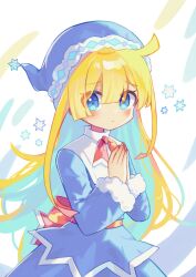 Rule 34 | 1girl, absurdres, blonde hair, blue eyes, blush, closed mouth, highres, long hair, looking at viewer, offbeat, own hands together, puyopuyo, solo, upper body, witch (puyopuyo)