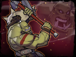 Rule 34 | 1boy, axe, barbarian, blank eyes, ghaf, green skin, loincloth, muscular, official art, orc, pauldrons, topless male, tattoo, topknot, tribal tattoo, tusks, varvarion