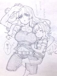 Rule 34 | 2girls, aged down, alternate costume, arm up, armpits, belt, blunt bangs, blush, breasts, closed mouth, collarbone, commentary request, denim, ear piercing, from above, graphite (medium), greyscale, hair intakes, hair spread out, highres, hot, hug, jeans, kotonoha akane, kotonoha aoi, large breasts, long hair, lying, midriff peek, monochrome, multiple girls, navel, on back, one side up, open mouth, pants, piercing, shirt, short sleeves, shorts, sidelocks, simple background, sleeping, smile, striped clothes, striped shirt, sweat, tank top, toriniku29, traditional media, translation request, voiceroid