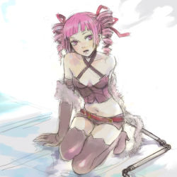Rule 34 | 1girl, atlus, bad id, bad pixiv id, bare shoulders, belt, boots, breasts, bustier, cleavage, dark hunter, drill hair, elbow gloves, fur, gloves, kneeling, kno, kno (anahita), lingerie, medium breasts, midriff, navel, pink eyes, pink hair, ribbon, etrian odyssey, shawl, short shorts, shorts, solo, thigh boots, thighhighs, underwear, whip