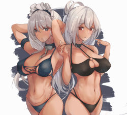 Rule 34 | 2girls, absurdres, arms behind head, azur lane, belfast (azur lane), bikini, black bikini, blue bikini, blue eyes, blush, braid, breasts, breathing, chain, choker, cleavage, collar, collarbone, cowboy shot, eyewear on head, folded ponytail, french braid, hair between eyes, hands up, heart, heart-shaped eyewear, highres, large breasts, long hair, looking at viewer, maid headdress, multiple girls, navel, o-ring, o-ring top, open mouth, parted lips, red eyes, short hair, sirius (azur lane), sirius (scorching-hot seirios) (azur lane), smile, sunglasses, swimsuit, tan, toned, white hair, yusha m
