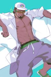 Rule 34 | 1boy, abs, absurdres, bara, baseball cap, capri pants, closed mouth, coat, commentary, couch, creatures (company), dark-skinned male, dark skin, facial hair, game freak, green-framed eyewear, green background, green footwear, grey pants, hat, highres, horikwawataru, kukui (pokemon), large pectorals, looking to the side, male focus, muscular, muscular male, navel, navel hair, nintendo, open clothes, open coat, orange-tinted eyewear, pants, pectorals, pokemon, pokemon sm, reclining, semi-rimless eyewear, shoes, sketch, smile, solo, sparkle, spread legs, sunglasses, tinted eyewear, white coat, white hat