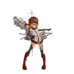 Rule 34 | 1girl, armband, artist request, belt boots, black gloves, black pantyhose, blonde hair, blush, boots, broken wires, buttons, closed mouth, coat, cossack (warship girls r), damaged, elbow gloves, flat chest, frown, full body, fur-trimmed coat, fur hat, fur trim, gloves, green eyes, groin, hand on own hip, hat, jacket, knee boots, looking down, no panties, official art, open clothes, open coat, open jacket, outstretched arm, pantyhose, red footwear, rigging, shaded face, sleeveless, sleeveless coat, smoke, solo, torn clothes, torn pantyhose, transparent background, turret, union jack, ushanka, warship girls r, white coat