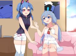 Rule 34 | 2girls, absurdres, amami ami, belt, blue eyes, blue hair, blush, blush stickers, chiaki katsumi, commission, couch, cupboard, dress, food, highres, indoors, knees, long hair, looking at another, multiple girls, open mouth, pants, pillow, pink eyes, pixellink, prism project, short hair, shorts, sitting, standing, sweets, thighhighs, thighs, twintails, virtual youtuber, wallpaper