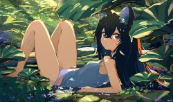 Rule 34 | 1girl, absurdres, animal ear fluff, animal ears, black hair, blue eyes, blue shirt, blush, cat ears, cat girl, closed mouth, day, dot mouth, full body, hair between eyes, highres, kgt (pixiv12957613), knees up, long hair, looking at viewer, lying, no pants, on ground, original, outdoors, panties, partially submerged, plant, scenery, shirt, sleeveless, sleeveless shirt, solo, underwear, water, white panties
