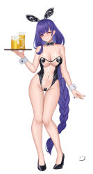 Rule 34 | 1girl, animal ears, arm at side, bare arms, bare shoulders, braid, breasts, cleavage, closed mouth, covered navel, cowboy shot, drink, fake animal ears, full body, genshin impact, groin, hand up, heart maebari, heart pasties, high heels, highleg, highleg leotard, highres, holding, holding tray, large breasts, leotard, long hair, low-braided long hair, low-tied long hair, maebari, meme attire, one eye closed, pasties, playboy bunny, purple hair, rabbit ears, raiden shogun, see-through, see-through leotard, simple background, single braid, smile, solo, thigh gap, translucent bunnysuit, tray, very long hair, wei xiao, white background, wrist cuffs