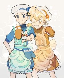 Rule 34 | 2boys, apron, arm around shoulder, bad id, bad twitter id, barry (pokemon), blonde hair, blush, buttons, closed mouth, commentary request, cosplay, creatures (company), dawn (pokemon), dawn (pokemon) (cosplay), game freak, grey background, grey eyes, hand on own hip, hat, highres, holding, holding poke ball, looking at viewer, lucas (pokemon), male focus, mittens, multiple boys, nintendo, one eye closed, orange eyes, orange mittens, poke ball, poke ball (basic), pokemon, pokemon dppt, pokemon masters ex, rata (m40929), repeat ball, short sleeves, smile, teeth