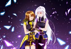 Rule 34 | 2girls, arm grab, armor, black dress, black gloves, brown hair, closed mouth, commentary request, dress, closed eyes, faulds, fingerless gloves, gloves, hair ornament, highres, leoheart, light particles, long dress, long hair, looking at another, lyrical nanoha, magical girl, mahou shoujo lyrical nanoha, mahou shoujo lyrical nanoha a&#039;s, mahou shoujo lyrical nanoha strikers, multiple girls, open mouth, partial commentary, red eyes, reinforce, short dress, short hair, silver hair, sleeveless, sleeveless dress, smile, standing, waist cape, x hair ornament, yagami hayate
