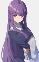 Rule 34 | 1girl, absurdres, belt, black belt, blue dress, blunt bangs, breasts, closed mouth, commentary, dress, fern (sousou no frieren), grey background, highres, holding, holding clothes, large breasts, long sleeves, looking at viewer, purple eyes, purple hair, reulem, simple background, solo, sousou no frieren, turtleneck