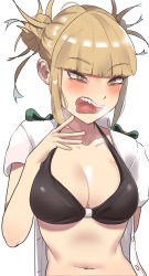 Rule 34 | 1girl, absurdres, arm behind back, blonde hair, blush, boku no hero academia, bra, breasts, cleavage, collarbone, double bun, fangs, hair bun, hand on own chin, highres, large breasts, looking at viewer, messy hair, navel, open clothes, open mouth, open shirt, school uniform, shirt, simple background, slit pupils, solo, stomach, sweat, sweatdrop, teeth, toga himiko, tongue, tongue out, underwear, upper body, white background, white shirt, yellow eyes, zd (pixiv6210083)