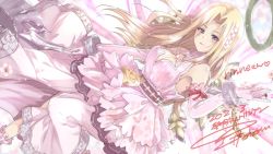 Rule 34 | 1girl, blonde hair, blue eyes, blush, breasts, cleavage, dated, dress, flower, gloves, hair flower, hair ornament, halo, holding, iseria queen, jewelry, kuroi mimei, long hair, looking at viewer, medium breasts, ribbon, signature, sleeveless, solo, star ocean, star ocean the second story, weapon, wings