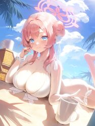 Rule 34 | 1girl, absurdres, ass, beach, bikini, blue archive, blue eyes, blue sky, braid, braided bun, breasts, butt crack, cleavage, closed mouth, cloud, cloudy sky, commentary request, cup, day, downpants, hair bun, halo, haruurii, highres, large breasts, lying, mimori (blue archive), mimori (swimsuit) (blue archive), official alternate costume, official alternate hairstyle, on stomach, outdoors, palm leaf, palm tree, pink hair, pink halo, single hair bun, sky, smile, solo, swimsuit, tree, white bikini