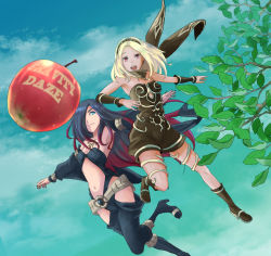Rule 34 | apple, bare shoulders, belt, black hair, blonde hair, blue eyes, breasts, closed mouth, commentary request, copyright name, crow (gravity daze), dark-skinned female, dark skin, dress, food, fruit, gravity daze, hairband, hasuu, high heels, kitten (gravity daze), leotard, long hair, looking at viewer, medium breasts, midriff, multicolored hair, multiple girls, nail polish, navel, open mouth, red eyes, red hair, scarf, smile, strapless, two-tone hair, vambraces