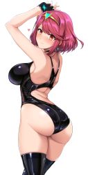 Rule 34 | 1girl, alternate costume, armpits, arms up, ass, back cutout, bare shoulders, black one-piece swimsuit, blush, breasts, choker, clothing cutout, commentary request, competition swimsuit, fingerless gloves, gloves, halcon, hands up, highres, large breasts, looking at viewer, looking back, medium hair, one-piece swimsuit, orange eyes, parted bangs, pyra (xenoblade), red hair, shiny swimsuit, sidelocks, simple background, solo, swimsuit, taut clothes, taut swimsuit, thighs, tiara, white background, xenoblade chronicles (series), xenoblade chronicles 2