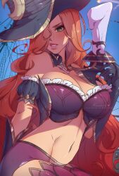 Rule 34 | 1girl, bewitching miss fortune, breasts, candle, cleavage, day, detached sleeves, gloves, green eyes, hair over one eye, hat, himmely, large breasts, league of legends, long hair, miss fortune (league of legends), navel, official alternate costume, outdoors, red hair, shiny skin, solo, stomach, teeth, weapon, witch hat