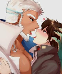 Rule 34 | 2boys, aegir (housamo), after kiss, anchor earrings, aqua hair, bara, beard, between pectorals, blue eyes, blush, brown hair, couple, dark-skinned male, dark skin, earrings, eye contact, facial hair, from side, gakuran, hand on another&#039;s head, highres, hiota (kuhi 0301), jewelry, large pectorals, looking at another, male focus, protagonist 4 (housamo), mature male, multicolored hair, multiple boys, muscular, muscular male, nose blush, pectorals, saliva, school uniform, short hair, source request, streaked hair, thick eyebrows, tokyo houkago summoners, tongue, tongue out, upper body, white hair, yaoi