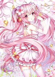 Rule 34 | 1girl, absurdly long hair, backless dress, backless outfit, blush, bug, butterfly, detached sleeves, dress, flower, hair between eyes, hair flower, hair ornament, hatsune miku, highres, insect, long hair, looking at viewer, parted lips, pink eyes, pink flower, pink hair, pleated dress, ribbon-trimmed sleeves, ribbon trim, sakura miku, see-through, shanguier, short dress, solo, thighhighs, twintails, very long hair, vocaloid, white dress, white thighhighs