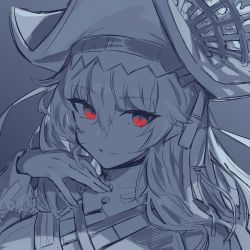 Rule 34 | alternate costume, arknights, collared dress, dress, hair between eyes, hand on own chest, hat, long hair, looking at viewer, melon22, parted lips, portrait, red eyes, simple background, sketch, specter (arknights), specter the unchained (arknights), teeth, unfinished, sketch background, white hair