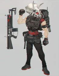 Rule 34 | 1boy, armband, assault rifle, axe, backpack, bag, belt, belt pouch, black pants, boots, clenched hand, full body, gloves, grey background, gun, highres, male focus, miv4t, muscular, muscular male, original, pants, pouch, red shirt, rifle, shirt, skull, solo, standing, triceratops, watch, weapon, wristwatch