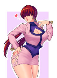 Rule 34 | 1girl, breasts, brown hair, chain, cleavage, cleavage cutout, clothing cutout, hair over eyes, hand on own hip, heart, highres, jacket, large breasts, long hair, long sleeves, looking at viewer, parted lips, pink jacket, pink skirt, ponytail, purple background, purple shirt, shermie (kof), shirt, skirt, smile, snk, standing, teeth, the king of fighters, the king of fighters xv, zeshgolden