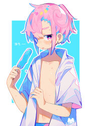 Rule 34 | 1boy, bright pupils, commentary request, cowboy shot, earrings, food, highres, holding, holding food, jewelry, male focus, navel, open clothes, open shirt, original, pink eyes, pink hair, popsicle, raito-kun (uenomigi), shirt, short hair, short sleeves, simple background, stud earrings, sweat, tongue, tongue out, translation request, uenomigi, white pupils, white shirt