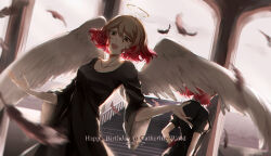 Rule 34 | 2girls, :d, absurdres, angel wings, arch, back-to-back, backlighting, bell sleeves, black dress, black feathers, black jacket, blonde hair, bob cut, cathy (satsuriku no tenshi), character name, collarbone, covered face, dated, dress, dual persona, facing away, feathers, gradient hair, green eyes, hair between eyes, halo, happy birthday, highres, jacket, long sleeves, looking at viewer, multicolored hair, multiple girls, open mouth, outstretched hand, pink hair, puffy short sleeves, puffy sleeves, qianlilingjiang, satsuriku no tenshi, short hair, short sleeves, smile, stairs, wings