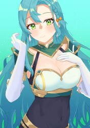 Rule 34 | 1girl, absurdres, aqua background, aqua hair, armor, blush, breastplate, breasts, chloe (fire emblem), commentary, covered navel, fire emblem, fire emblem engage, gloves, green eyes, hand on own chest, hands up, highres, keaworks, large breasts, long hair, looking at viewer, nintendo, shoulder armor, smile, solo, upper body, very long hair, white gloves