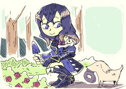 Rule 34 | 1girl, animal, black footwear, bloodstained: ritual of the night, blue eyes, boots, bush, closed mouth, crossed bangs, dog, dress, flower, full body, gauntlets, holding, horns, knee boots, kneeling, light brown hair, long hair, miriam (bloodstained), multicolored hair, purple hair, red flower, red rose, rose, setz, shovel, smile, solo, tree, two-tone hair